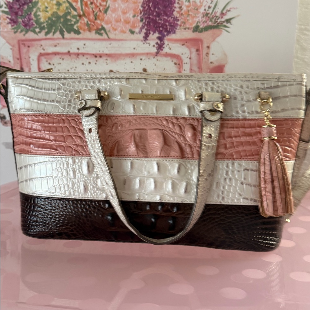 Croco-Embossed Stripe Tote Bag in Pink, White & Brown